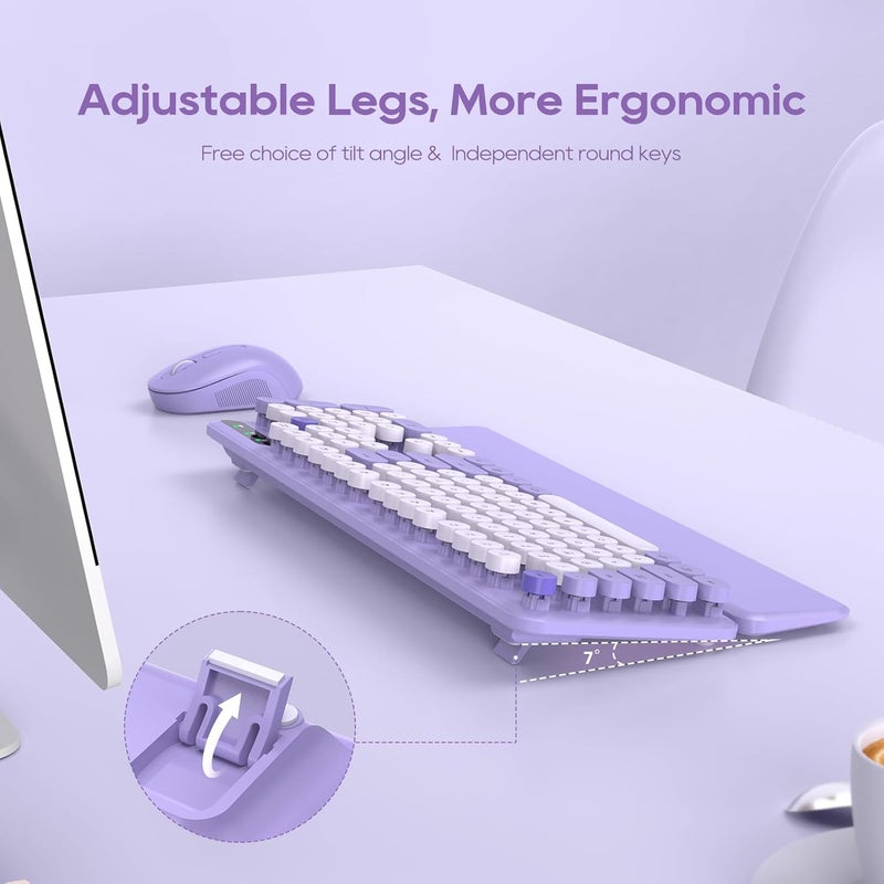 SABLUTE Wireless Keyboard and Mouse Combo, Cute Round Keycaps, Full-Size Retro Typewriter Keyboard with Detachable Wrist Rest, 2.4GHz Cordless Connection for Mac/Windows/PC/Laptop (Purple-Colorful) - Image 5
